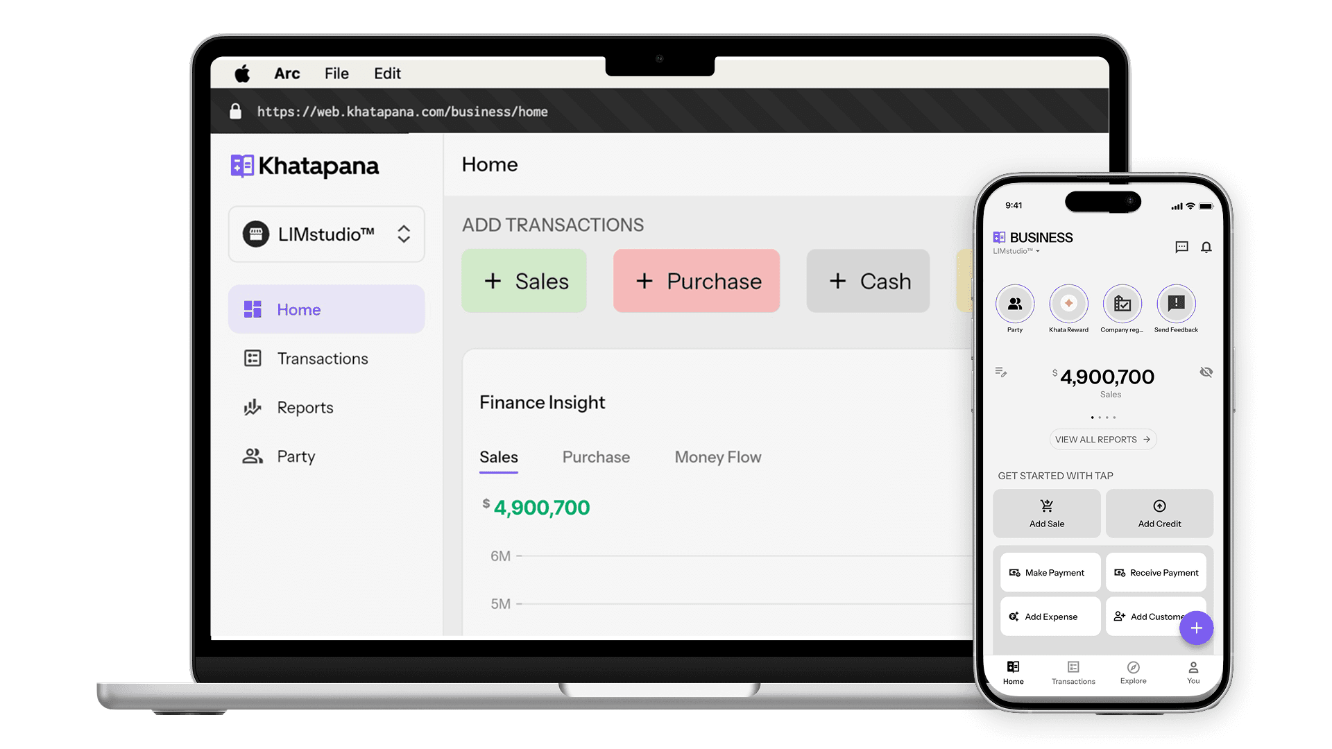 Khatapana Books on a laptop and phone, showing sales, purchases and cash entries
